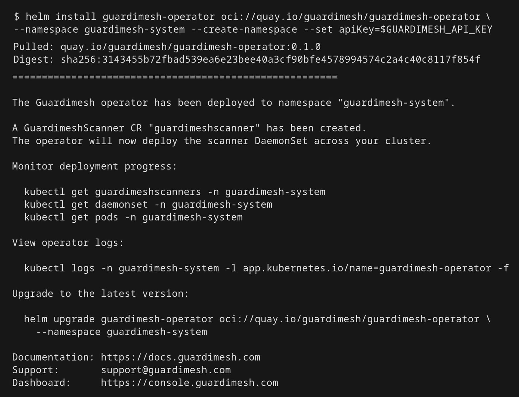 Terminal showing Guardimesh operator deployment via Helm